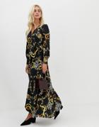 Zibi London Wrap Front Chain Patterned Midi Dress With Slip Detail - Black