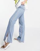 Topshop Kort Jeans With Split Hems In Mid Blue-blues