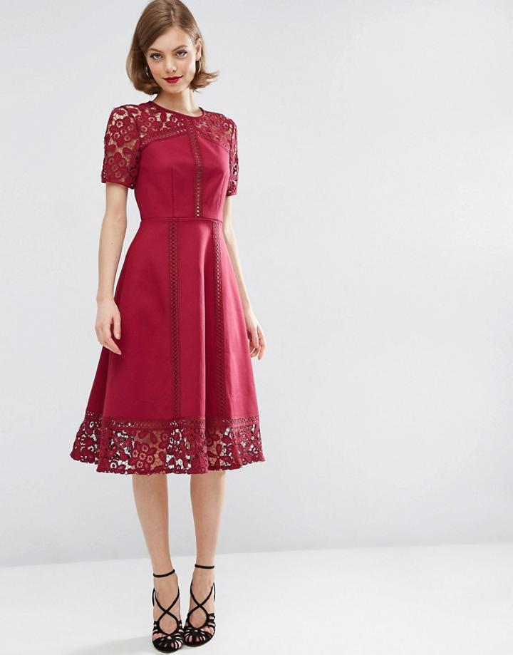 Asos Premium Lace Insert Full Midi Dress - Red