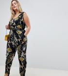 Brave Soul Plus Leaf Jumpsuit With Button Front - Black