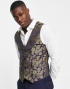 Bolongaro Trevor Blue And Gold Floral Skinny Fit Suit Vest-navy