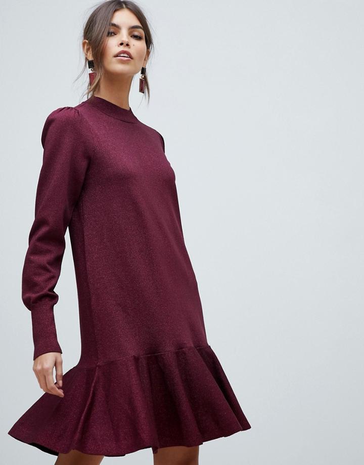 Y.a.s Frill Hem Sparkle Knitted Dress - Red