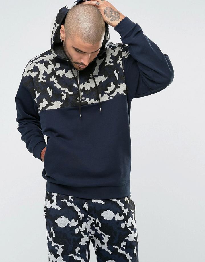 Asos Oversized Hoodie With Half Zip Camo Print - Navy