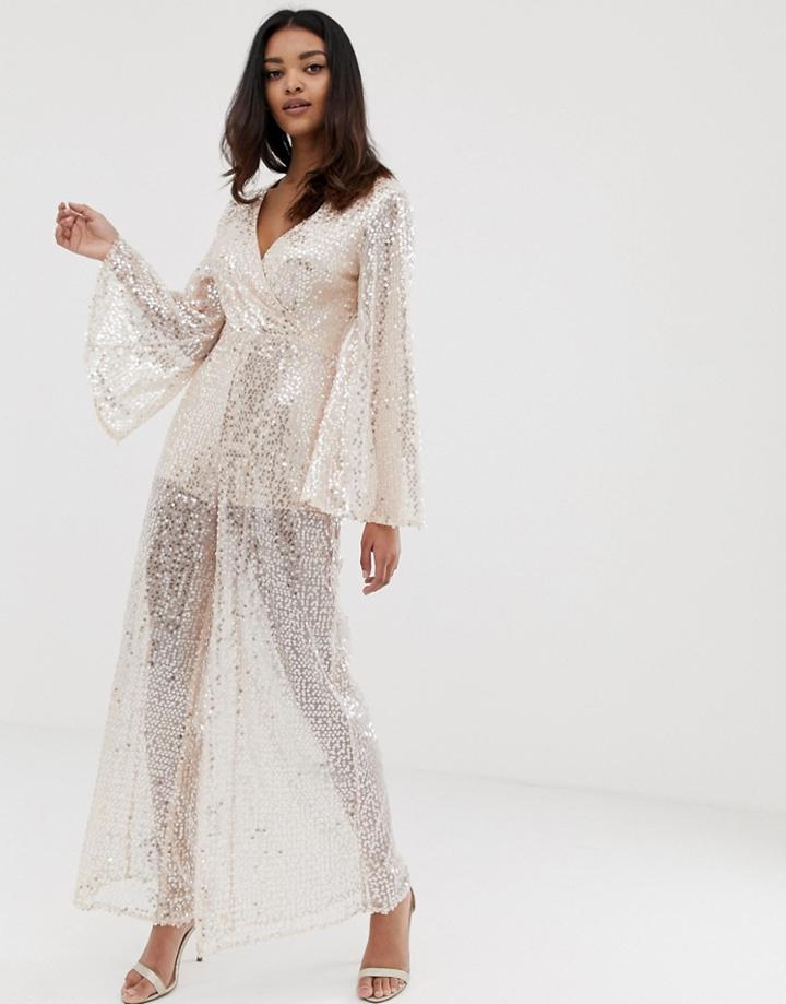 The Girlcode Sequin Kimono Wide Leg Jumpsuit In Pink - Pink