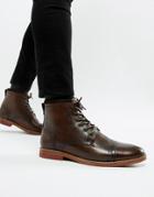 Asos Lace Up Boots In Brown Leather With Contrast Sole - Brown