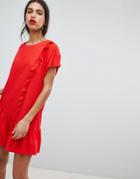 Lost Ink Shift Dress With Asymmetric Frill Hem - Red