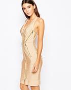 Wow Couture Bandadge Body-conscious Dress With Zips - Nude Gold