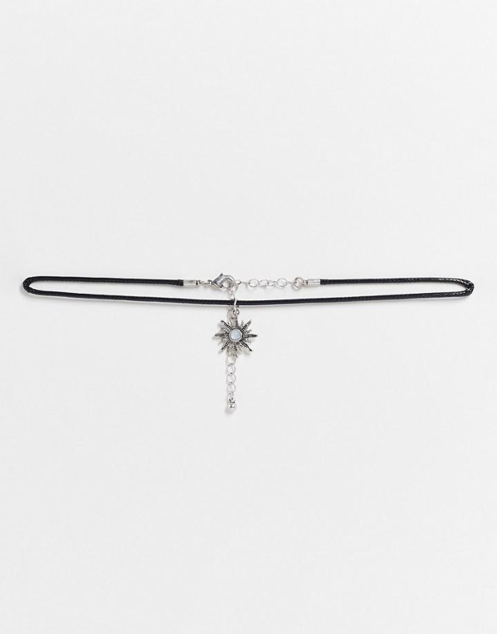 Asos Design Rope Necklace With Moonstone Sun Pendant In Silver Tone
