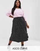 Asos Design Curve Midi Skirt With Pockets And Buttons In Heart Print - Multi
