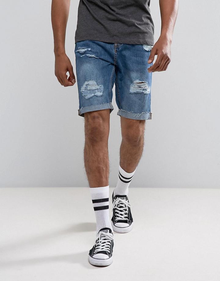 Pull & Bear Slim Denim Shorts With Rips In Mid Blue - Blue