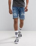 Pull & Bear Slim Denim Shorts With Rips In Mid Blue - Blue