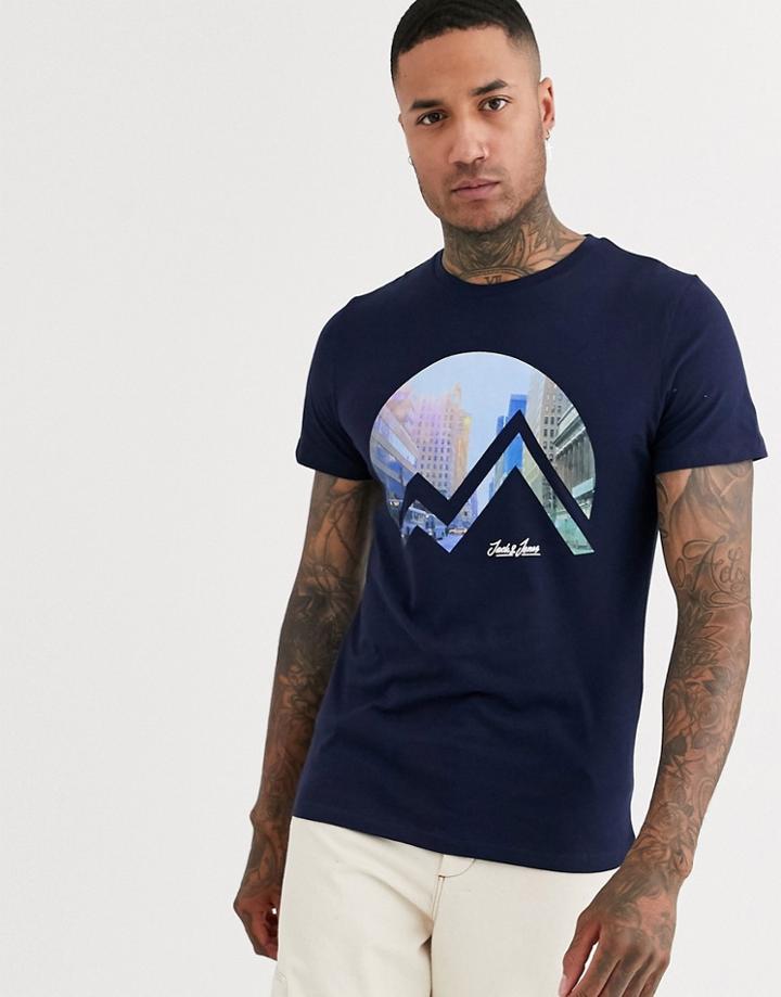 Jack & Jones Originals Mountain Graphic T-shirt In Navy