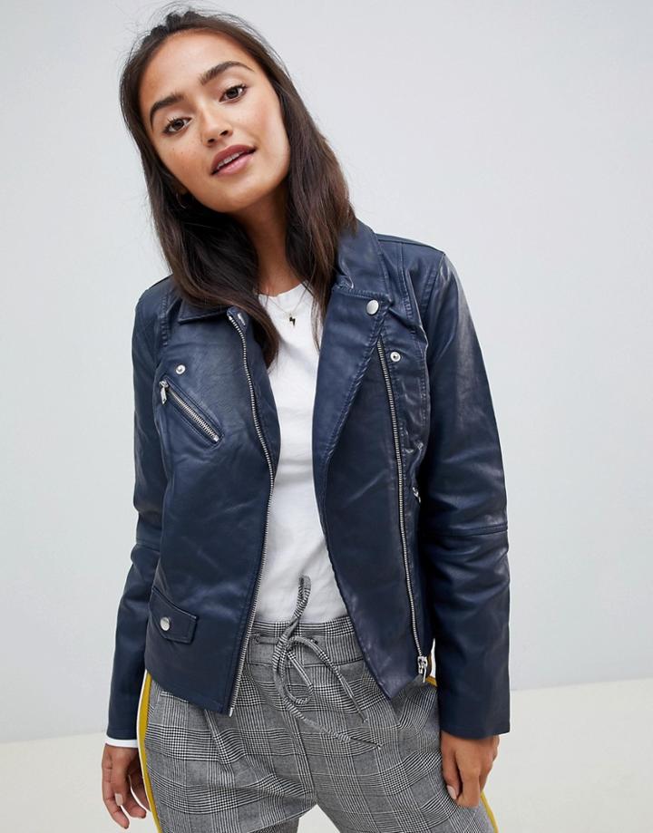 Only Summer Faux Leather Biker Jacket - Navy