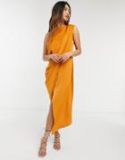 Asos Design Drape Bodice Midi Dress In Soft Textured Crepe-orange