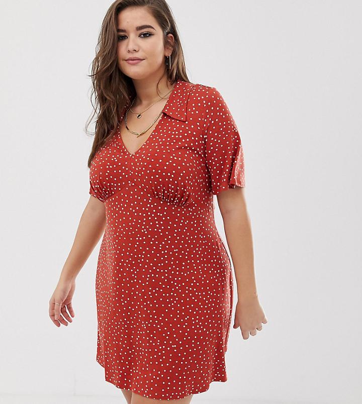 Asos Design Curve Mini Tea Dress With Collar In Polka Dot - Multi