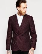Noose & Monkey Double Breasted Blazer With Chain & Fleck In Super Skinny Fit - Burgundy