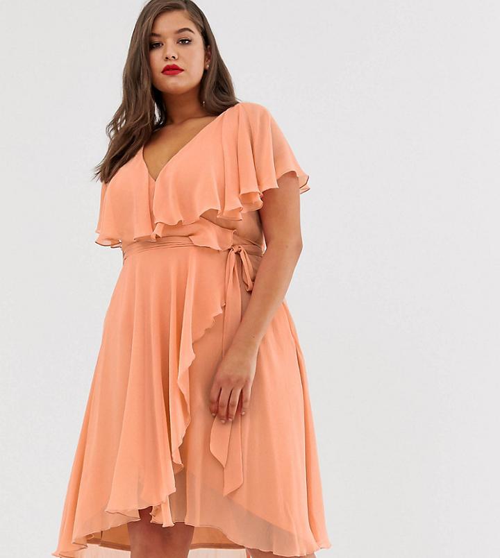 Asos Design Curve Cape Back Dipped Hem Midi Dress-orange