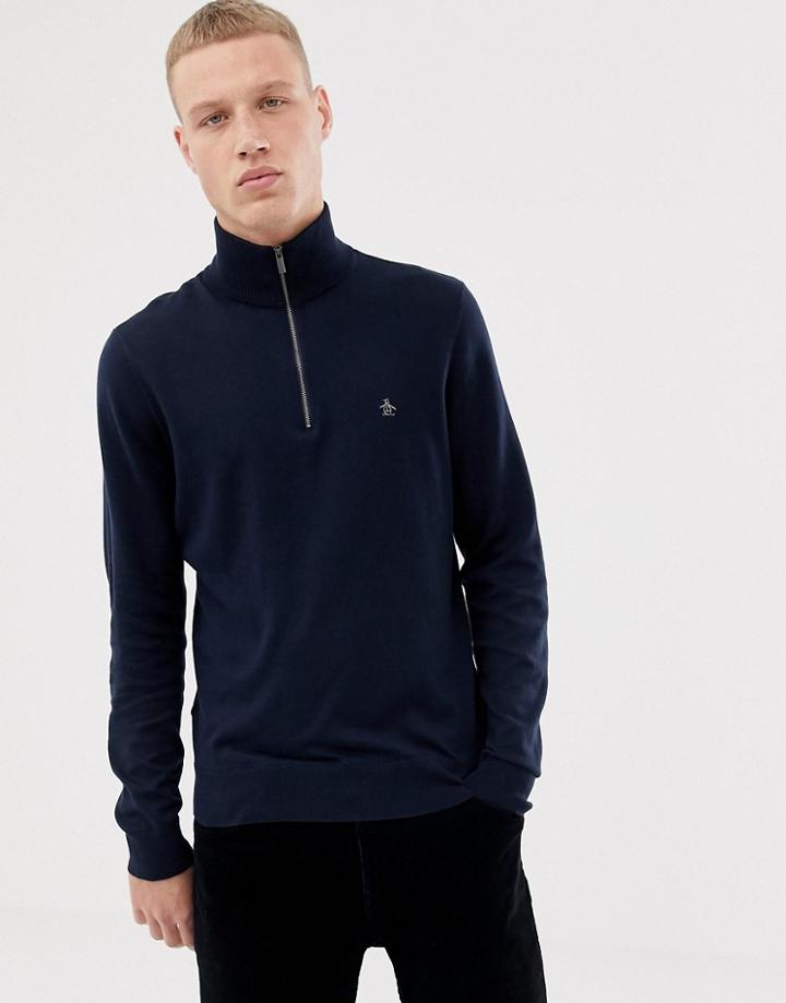 Original Penguin Icon Logo Pima Cotton Half Zip Knit Sweater In Navy Marl - Navy