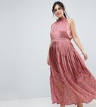 Little Mistress Plus Ruffle High Neck Maxi Dress With Lace Pleated Skirt - Pink