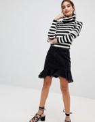 Na-kd Raw Hem Slanting Frill Denim Skirt - Black