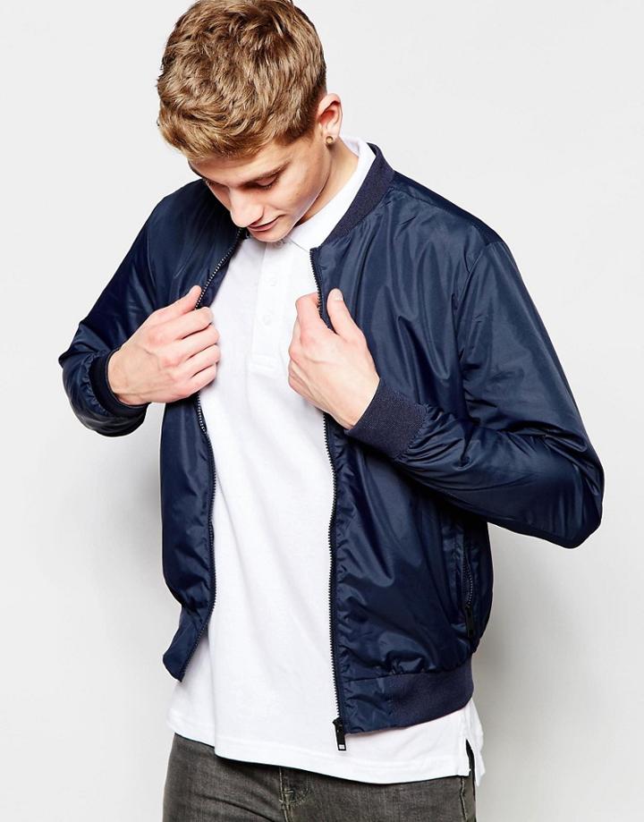 Brave Soul Nylon Lightweight Bomber Jacket - Navy