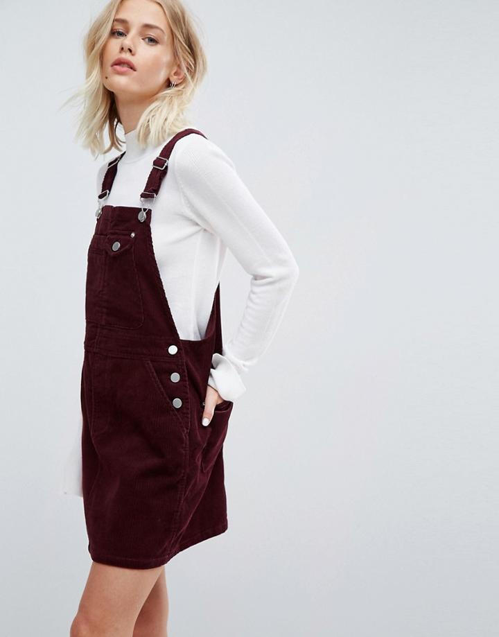 Asos Cord Overall Dress In Oxblood - Red
