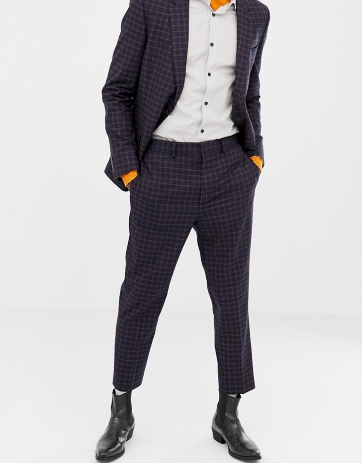 Asos Design Tapered Suit Pants In Navy And Orange Grid Check - Navy