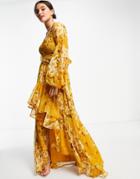 Asos Design High Low Maxi Dress In Textured Chiffon Floral Print With Belt And Pintuck Detail-multi