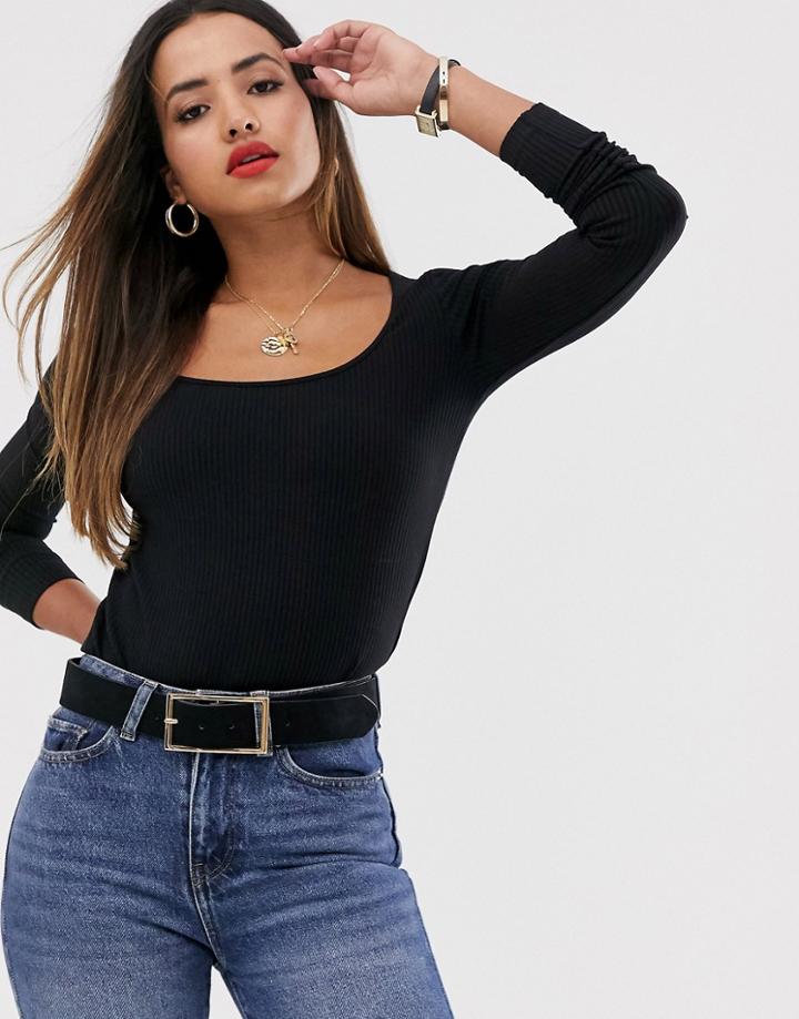 Mango Square Ribbed Long Sleeved Top In Black - Black