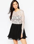 Little Mistress Lace Mix Long Sleeve Skater Dress