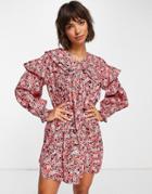 Vero Moda Organic Cotton Mini Smock Dress With Oversized Collar In Red Ditsy Floral-multi