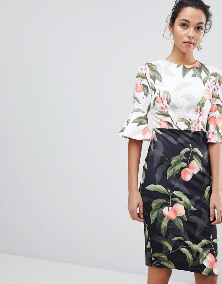 Ted Baker Areea Midi Dress In Peach Blossom Print - Black
