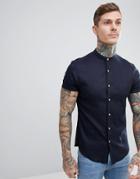 Asos Design Slim Fit Linen Mix Shirt With Grandad Collar In Navy - Navy