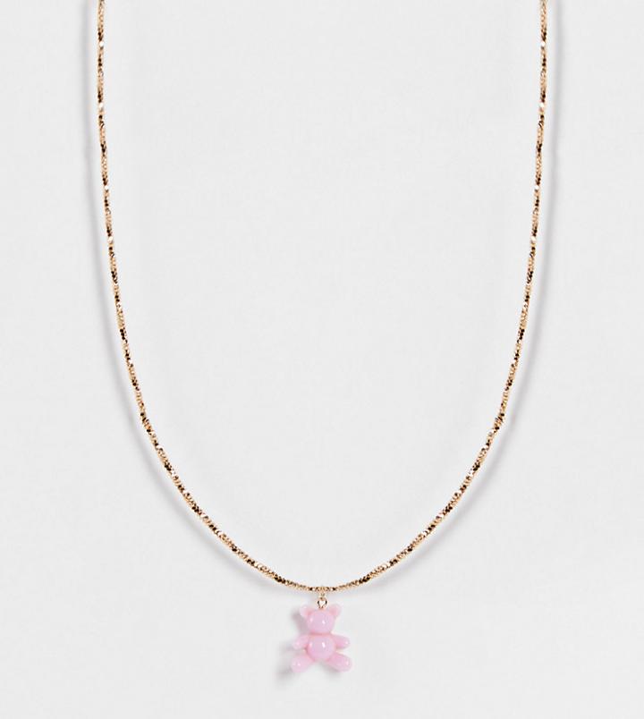 Asos Design Curve Necklace With Plastic Teddy Bear Pendant In Gold Tone