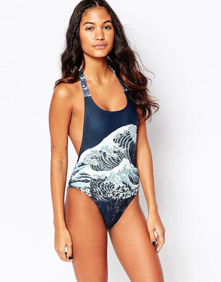 Motel Lovesun Wave Print Swimsuit - Navy