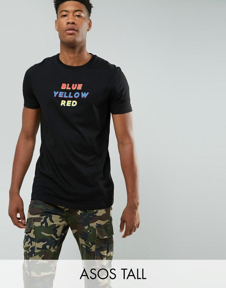 Asos Tall Longline T-shirt With Blue Yellow Red Print - Black