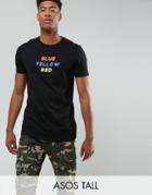 Asos Tall Longline T-shirt With Blue Yellow Red Print - Black