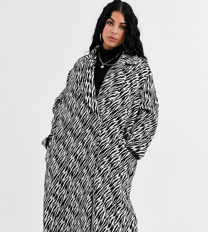 Asos Design Curve Black And White Animal Coat-multi