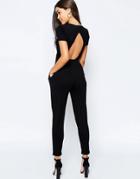 Asos Design Wrap Front Jersey Jumpsuit With Short Sleeve-black