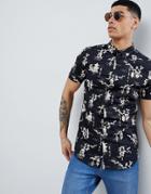 New Look Muscle Fit Shirt With Japanese Garden Print In Black - Black