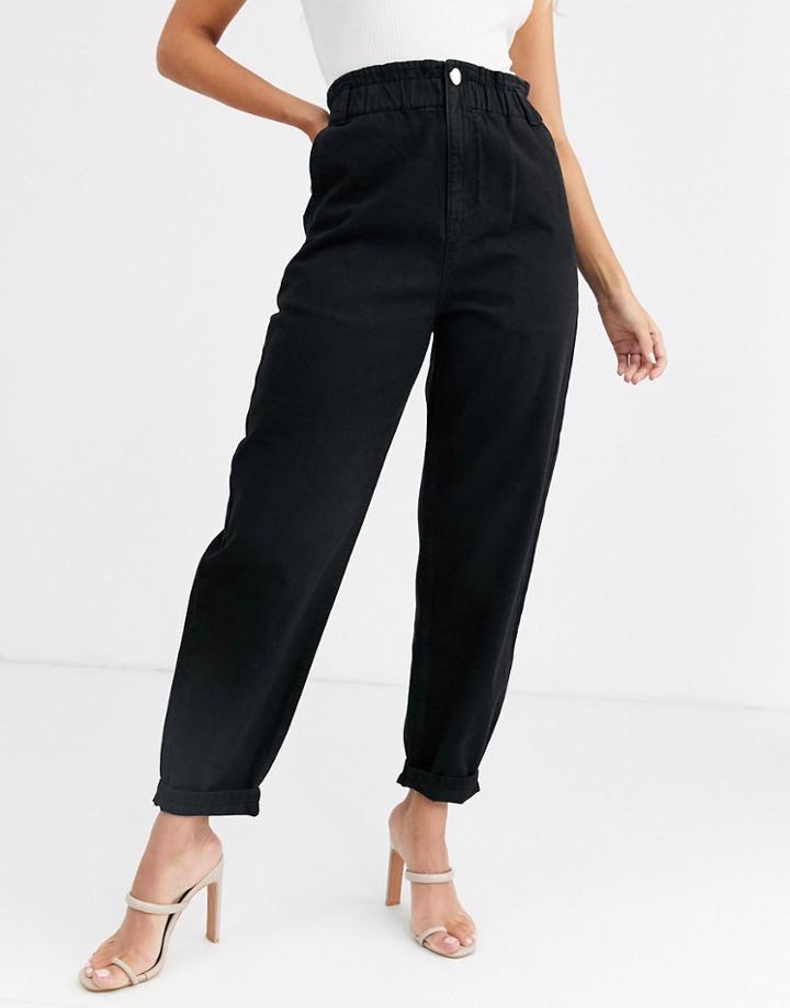 Asos Design Soft Peg Jeans In Washed Black With Elasticated Cinched Waist Detail