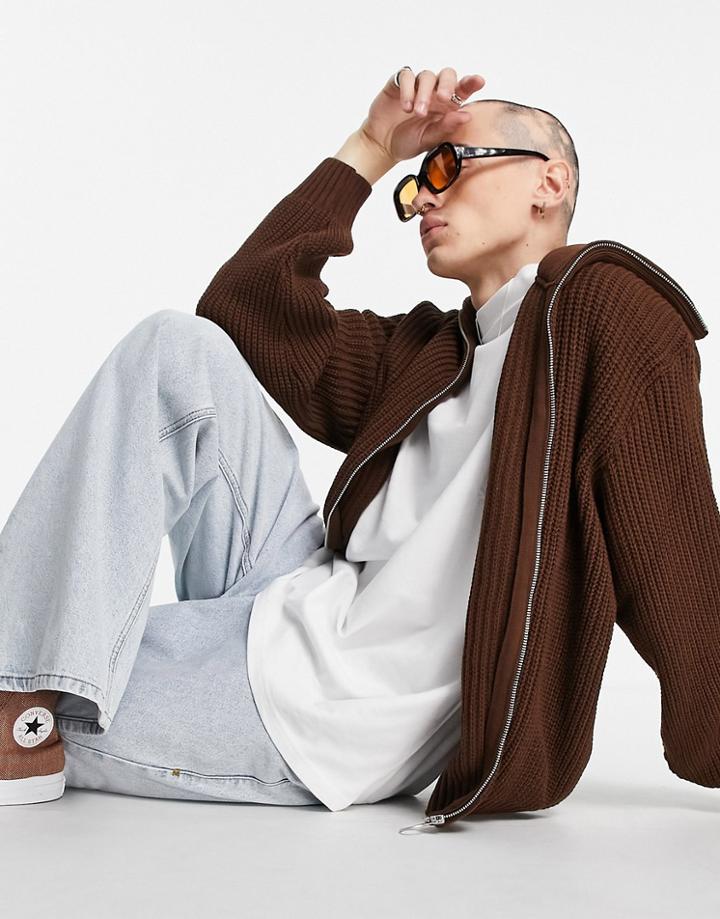Asos Design Oversized Fisherman Rib Zip Through Sweater In Brown