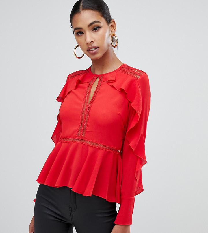Missguided Ruffle Trim Lace Insert Blouse In Red - Red