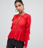 Missguided Ruffle Trim Lace Insert Blouse In Red - Red