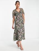 Asos Design Chiffon Midi Dress With Lace Applique In Floral Ditsy Print-multi