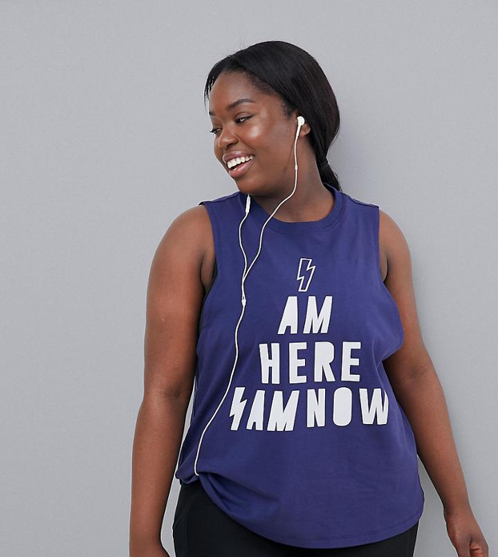Asos 4505 Curve Reflective Running Tank With 'i Am Here I Am Now' Print - Navy