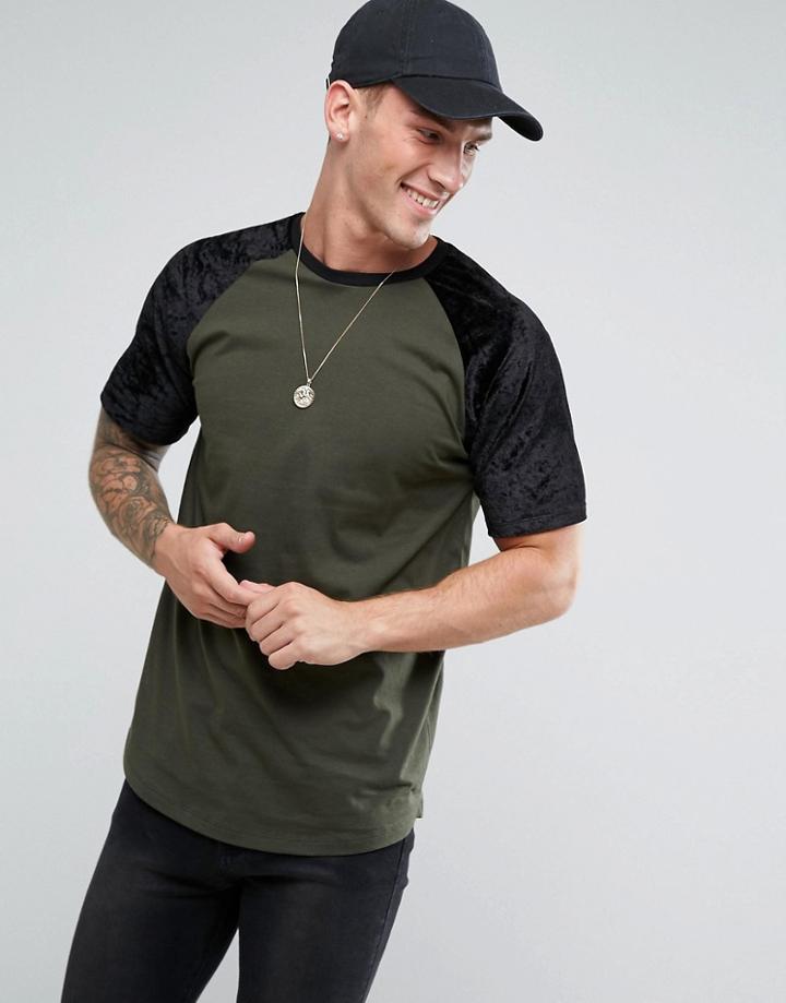 Asos Longline T-shirt With Contrast Velour Raglan Sleeves In Khaki - Green