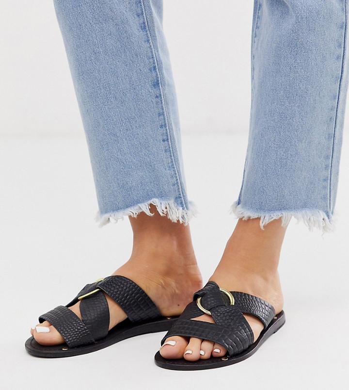 Asos Design Wide Fit Frankie Leather Ring Detail Flat Sandals-black