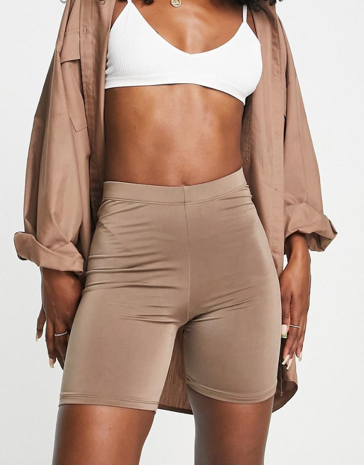 Topshop Slinky Legging Short In Mink-brown