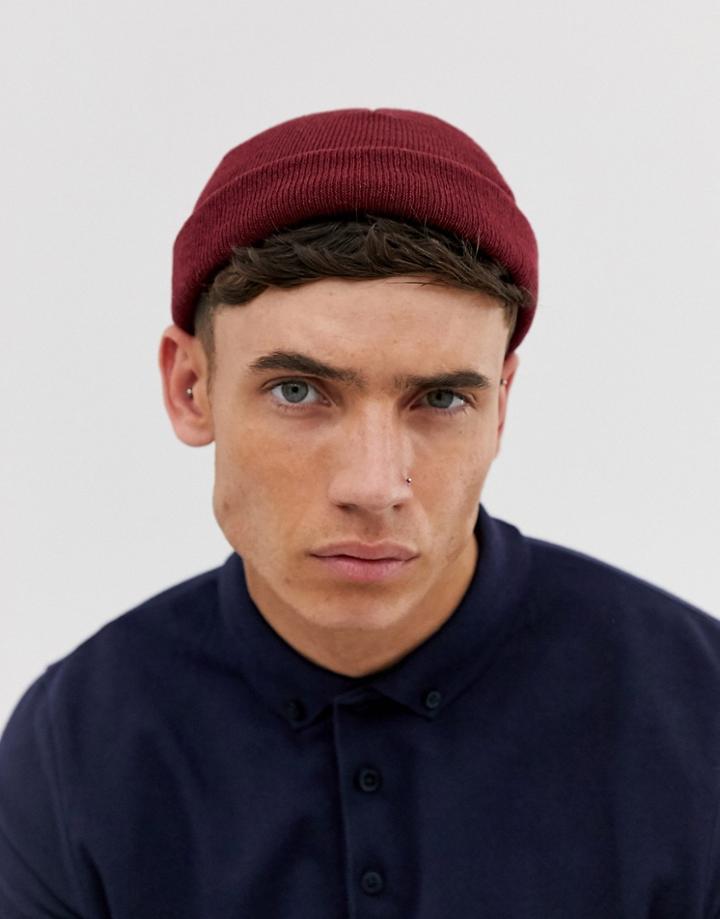 Asos Design Mini Fisherman Beanie In Burgundy Recycled Polyester - Red